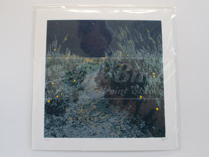 A hand-pulled, six-color screen print from InkBird Print Studio LLC, titled "Nighttime (Picture Rock Trail)" inside of a cellophane sleve.  This print has handpainted stars and fireflies that are different on each print. 