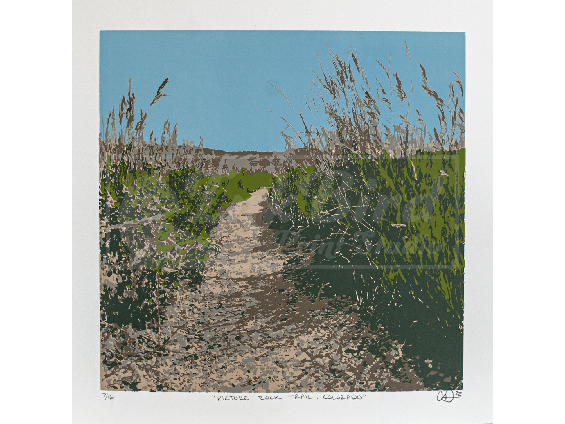 The original Daylight version of "Picture Rock Trail, Colorado", a 6 color handpulled screenprint by InkBird Print Studio. 