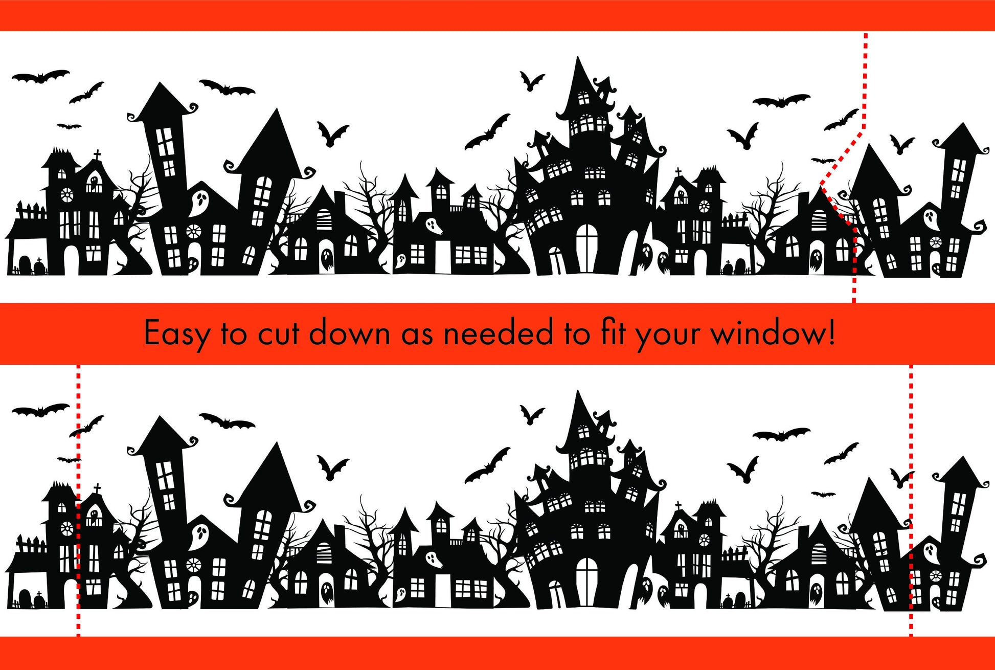 Our Spooky Town Halloween static cling window decoration with cut lines examples shown of where you could cut it down to fit a smaller window if needed.