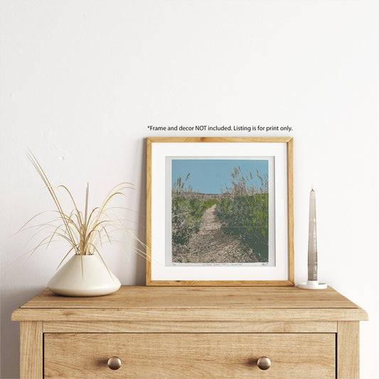 A wooden dresser showcases this hand-pulled, six-color screen print from InkBird Print Studio LLC, titled "Picture Rock Trail".   
Please note that text above the frame mentions it is not included in the listing.