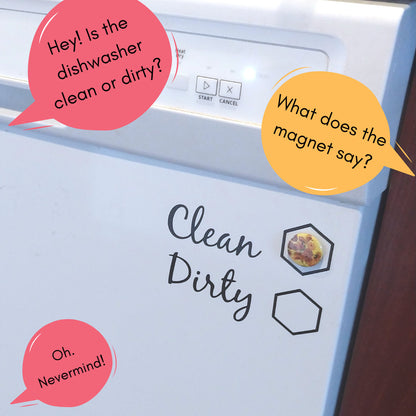 The Clean/Dirty Dishwasher Vinyl Cut Decal from InkBird Print Studio LLC adds charm and functionality with speech bubbles that ask: "Hey! Is the dishwasher clean or dirty? What does the magnet say?" followed by "Oh, nevermind! The chore reminder is set to Clean.